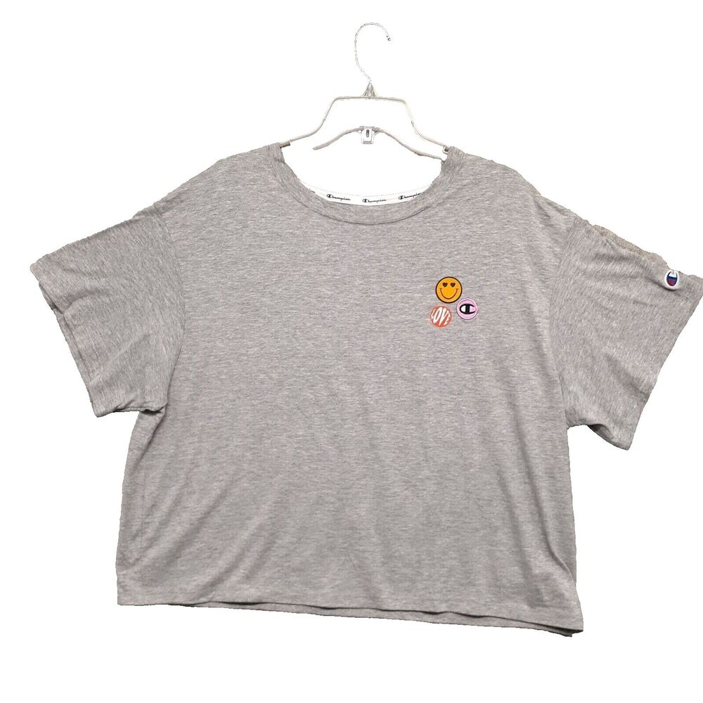 Champion Women Sz 2XL Gray Embroidered Patch Smiley Love Cropped T Shirt Y2K